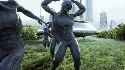 Wall Mural - funny aliens dancing in the meadow near the UFO spaceship. Realistic 4k animation.