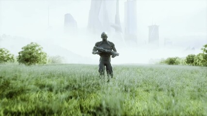 Wall Mural - Military alien with a weapon walks through the meadow against the background of the city. Realistic 4k animation.