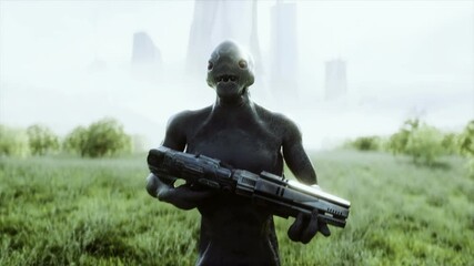 Wall Mural - Military alien with a weapon walks through the meadow against the background of the city. Realistic 4k animation.