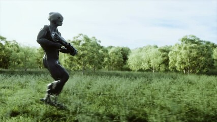 Wall Mural - Military alien with a weapon walks through the meadow against the background of the city. Realistic 4k animation.