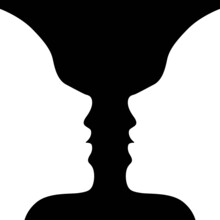 Vector Girl Faces Silhouette Looking Like A Negative Space Vase Shape. Optical Illusion Illustration.