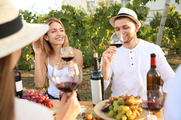 Wall Mural - Friends holding glasses of wine and having fun in vineyard