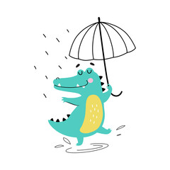 Wall Mural - Cute Crocodile Walking with Umbrella in Rainy Day, Funny Alligator Predator Animal Character Cartoon Style Vector Illustration