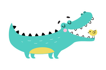 Sticker - Cute Crocodile with Birdie in Wide Open Mouth, Funny Alligator Predator Animal Character Cartoon Style Vector Illustration