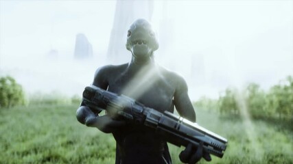 Wall Mural - Military alien with a weapon walks through the meadow against the background of the city. Realistic 4k animation.