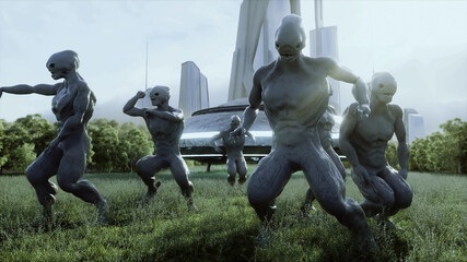 Wall Mural - funny aliens dancing in the meadow near the UFO spaceship. 3d rendering.