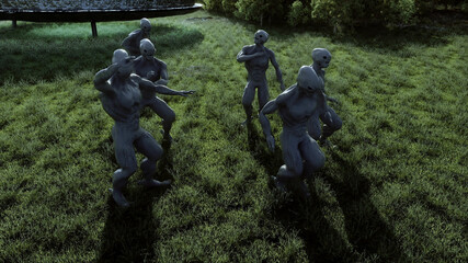 Wall Mural - funny aliens dancing in the meadow near the UFO spaceship. 3d rendering.