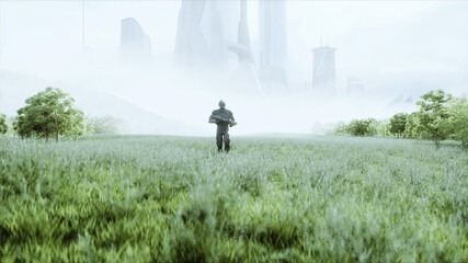 Wall Mural - Military alien with a weapon walks through the meadow against the background of the city. 3d rendering