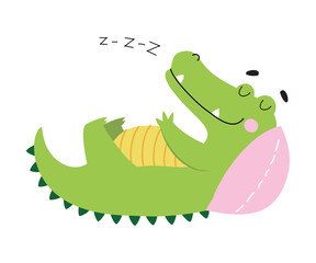 Poster - Cute Crocodile Sleeping on Pillow, Funny Alligator Predator Green Animal Character Cartoon Style Vector Illustration