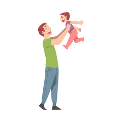 Sticker - Dad Having Fun with His Kid, Happy Father and His Child Spending Time Together Cartoon Style Vector Illustration