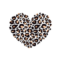 Poster - Leopard print textured heart shape. Abstract design element with wild animal cheetah skin spot pattern texture. Vector illustration for fashion print design, tag, Valentines card