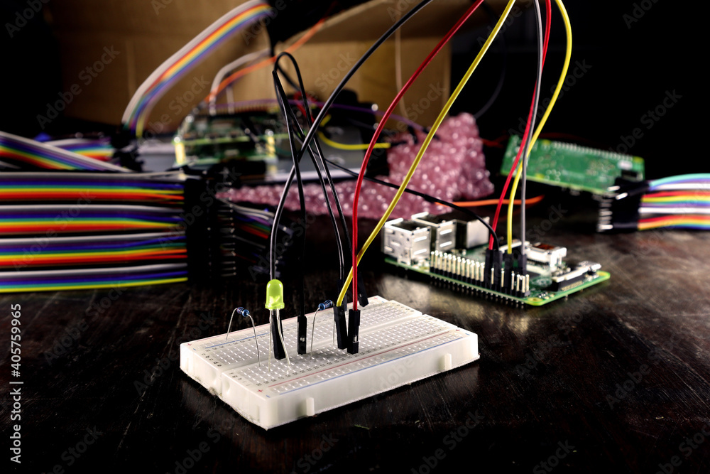 Stock-Foto „example of led connection to a pcb. collage of components