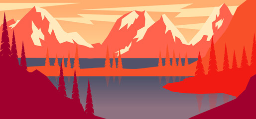 Wall Mural - Cartoon mountain landscape in flat style. Design element for poster, card, banner, flyer. Vector illustration