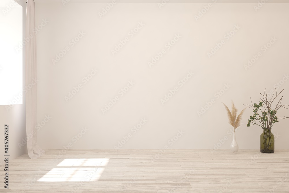 White empty room. Scandinavian interior design. 3D illustration - obrazy, fototapety, plakaty 