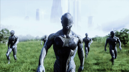 military space soldiers of the future on a green meadow against the backdrop of a futuristic city. 3d rendering.