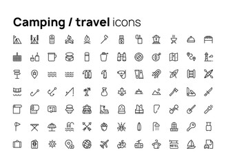 Poster - Camping and travel. High quality concepts of linear minimalistic vector icons set for web sites, interface of mobile applications and design of printed products.
