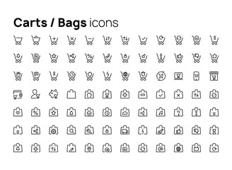 Fototapete - Carts and bags. High quality concepts of linear minimalistic vector icons set for web sites, interface of mobile applications and design of printed products.