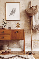 Wall Mural - stylish living room with vintage commode, gold mock up photo frame, wooden ladder, bag, plaid, decor