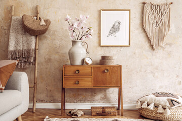 Wall Mural - modern retro composition of living room with wooden vintage commode, sofa, rattan pouf, ladder, macr