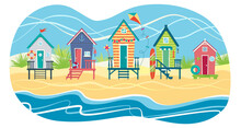 Landscape Of A Row Of Beach Huts Against Sea. Summer Holiday. Vector Flat Illustration