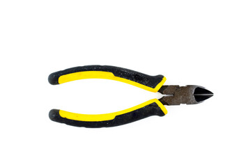 Wire cutters black yellow, cut out on white background. Tools series.