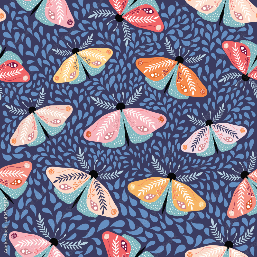 Decorative floral seamless pattern with colorful moths and flowers ...
