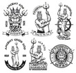 Monochrome Poseidon emblems vector illustration set. Vintage stickers with ocean god in crown holding trident. Ancient Greece mythology concept can be used for stickers and badges