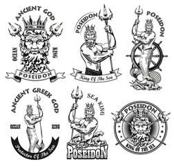 Fototapete - Monochrome Poseidon emblems vector illustration set. Vintage stickers with ocean god in crown holding trident. Ancient Greece mythology concept can be used for stickers and badges