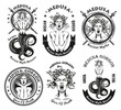 Vintage badges with Medusa Gorgon vector illustration set. Monochrome woman having live snakes for hair. Ancient Greece mythology concept can be used for retro template