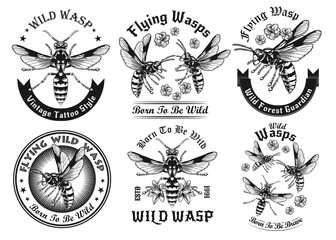 Fototapete - Wild wasps black and white tattoo vector illustration set. Vintage flying wasps. Dangerous insects and fauna concept can be used for retro template, banner or poster