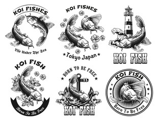 Fototapete - Monochrome koi carps labels vector illustration set. Retro emblems with koi fishes swimming in waves. Sea fauna and wildlife concept can be used for retro template