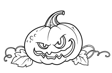 Terrible lantern from pumpkin with the cut out of grin, mustache and leaves outlined for coloring page