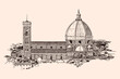 Cathedral of St. Mary in Florence. General view of the city. Sketch on a beige background.