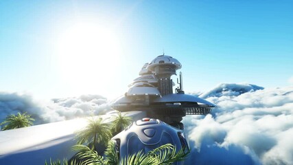 Wall Mural - futuristic city station on the clouds. Flying futuristic ships. Concept of future. Realistic 4k animation.