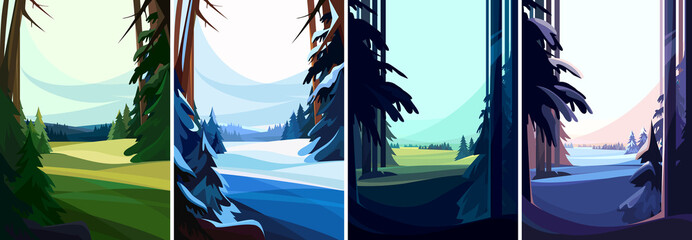 Wall Mural - collection of coniferous forests. natural landscapes in vertical orientation.