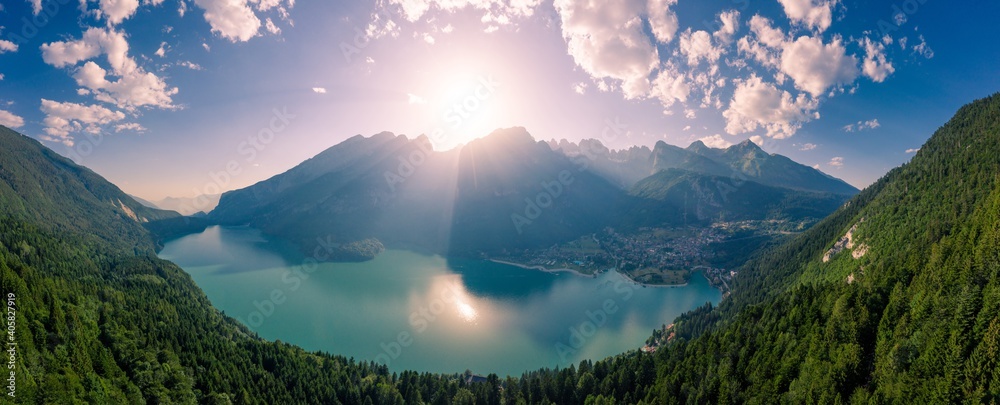 Aerial View Of Lake Molveno In Italy - obrazy, fototapety, plakaty 