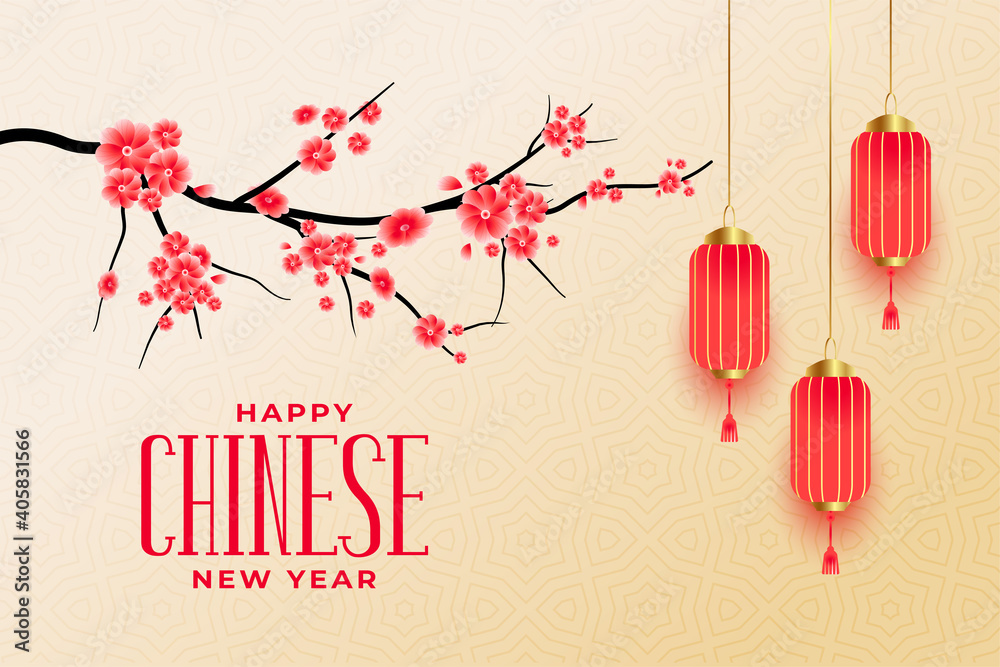 Happy chinese new year greetings with sakura flowers and lanterns - obrazy, fototapety, plakaty 