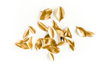 Wall Mural - Pattern, texture with gold leaves isolated on white background. flat lay, top view