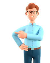 3D Illustration Of Standing Happy Man Pointing Finger At Direction. Close Up Portrait Of Cute Cartoon Smiling Businessman With Eyeglasses And Blue Shirt, Isolated On White Background.