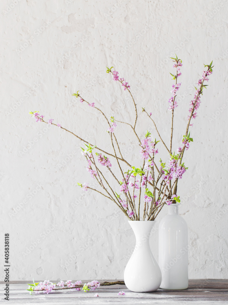 daphne flowers in vase on old wooden table on background white wall - obrazy, fototapety, plakaty 