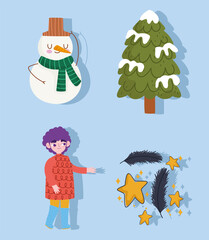 Wall Mural - winter, boy warm clothes, snowman tree snow icons set cartoon