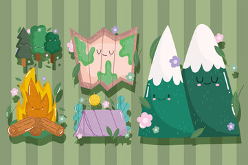 Poster - camping in cartoon style bonfire mountains map and tent