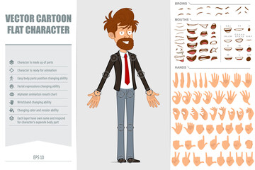 Wall Mural - Cartoon flat funny bearded businessman character in black suit and red tie. Ready for animations. Face expressions, eyes, brows, mouth and hands easy to edit. Isolated on gray background. Vector set.