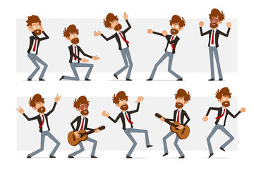 Wall Mural - Cartoon flat funny bearded businessman character in black suit and red tie. Boy fighting, falling, dancing and playing on guitar. Ready for animation. Isolated on gray background. Vector set.