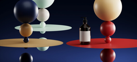 Poster - Abstract background for minimal presentation. Cosmetic bottle, sphere and circular plane on dark blue background. 3d rendering illustration. Clipping path of each element included.  