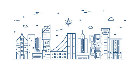 Wall Mural - City landscape line art vector. Thin line city landscape with building, clouds, sun. Vector illustration.