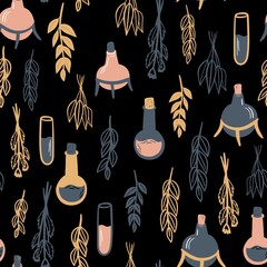 Wall Mural - Seamless vector pattern with plants and test tube. Alchemy, potions