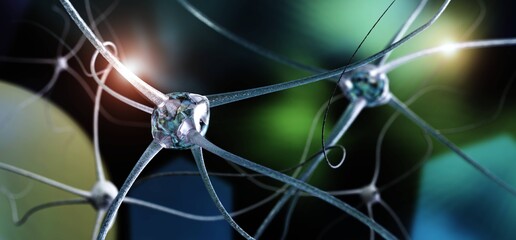 Wall Mural - Neural network of the brain, neuron close-up, active neuron, 3d rendering