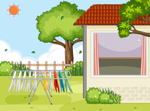 Outdoor House Area With Clothes Hanger Scene