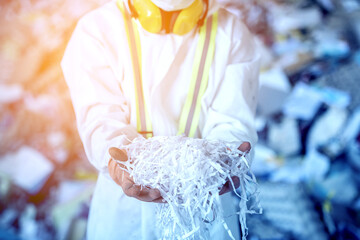 Wall Mural - Waste processing plant. Technological process plastic bottles at the factory for processing and recycling. The worker recycling factory,engineers is out of focus or blurred.